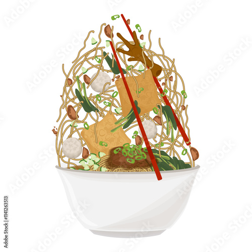 Vector Illustration Logo Clipart Levitation Mie Ayam Bakso or Indonesian Chicken Noodles with Bakso or Meatball on a white bowl
