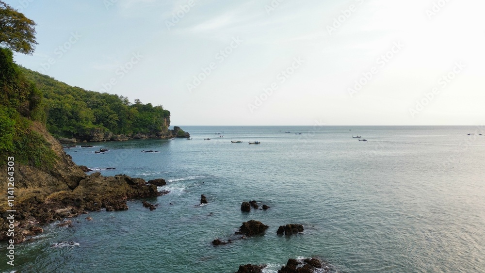 Aerial drone view of coastline with hills and trees, as well as view of coral cliffs and sea with waves from the sea in Pedalen Beach Kebumen Central Java Indonesia Aerial drone view of coastline with hills and trees, as well as view of coral cliffs and sea with waves from the sea in Pedalen Beach Kebumen Central Java Indonesia