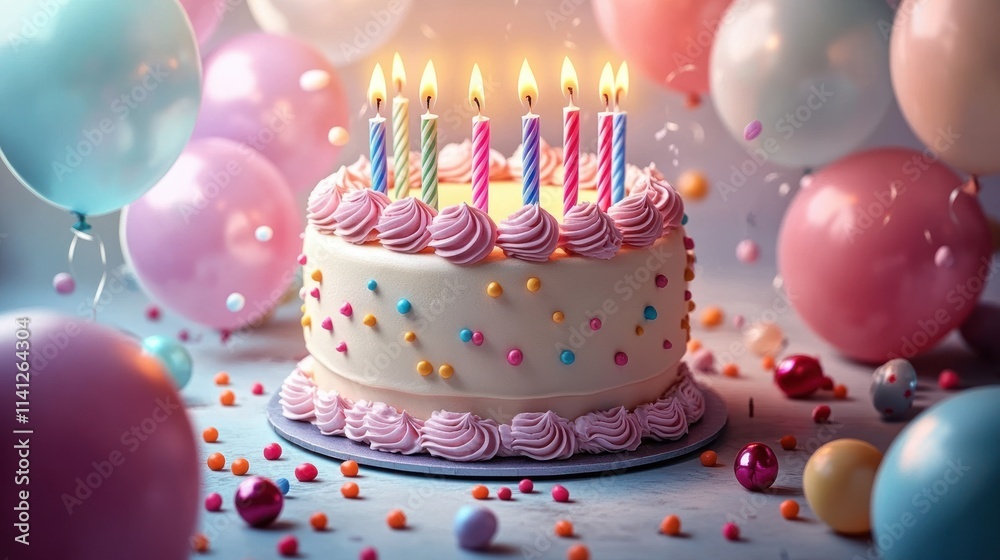 Whimsical Birthday Cake with Colorful Candles and Floating Balloons Whimsical Birthday Cake with Colorful Candles and Floating Balloons