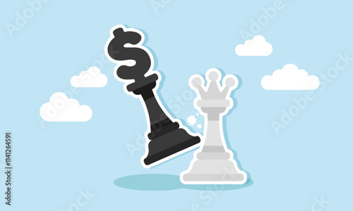 Black chess piece labeled with a dollar symbol strikes the white king piece, illustration of price competition in business strategy