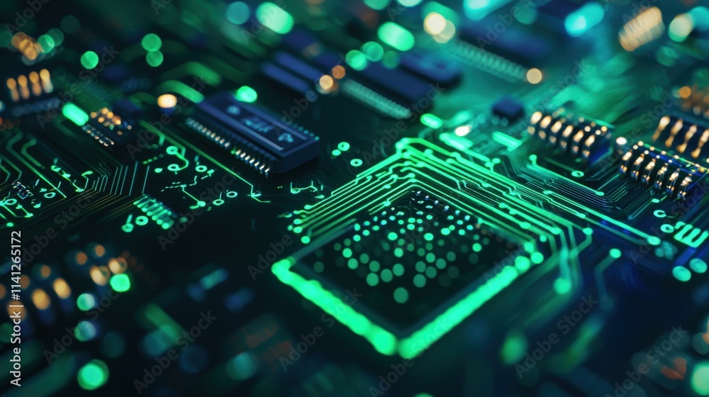 Fototapeta premium A hyperdetailed close-up of a PCB design in progress, with vibrant green circuits and soldering tools nearby