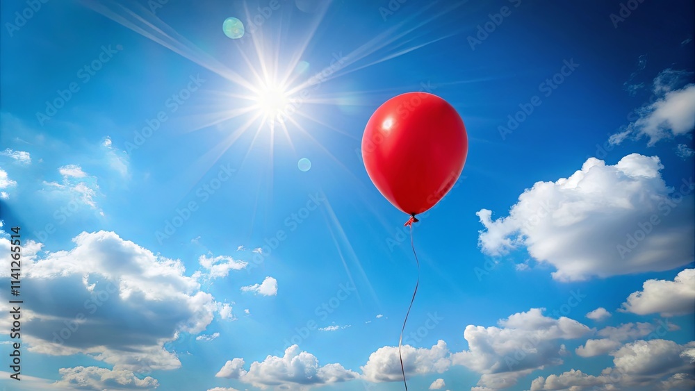 Fototapeta premium A single red balloon floats serenely against a vibrant blue sky dotted with fluffy white clouds, bathed in the warm glow of the sun.