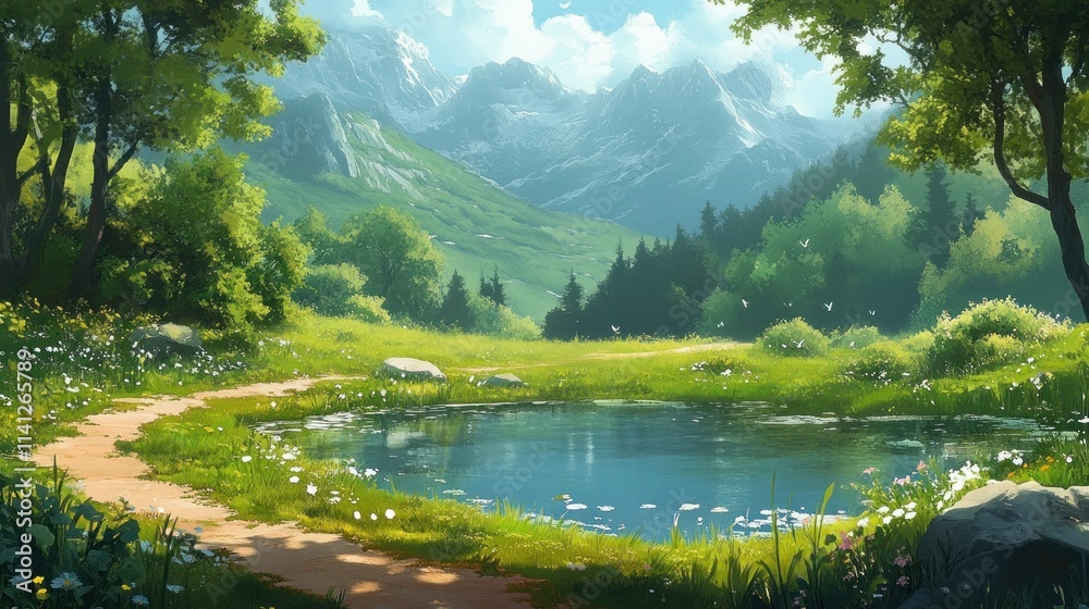 Landscape with Pond Forest Path and Mountains Landscape with Pond Forest Path and Mountains