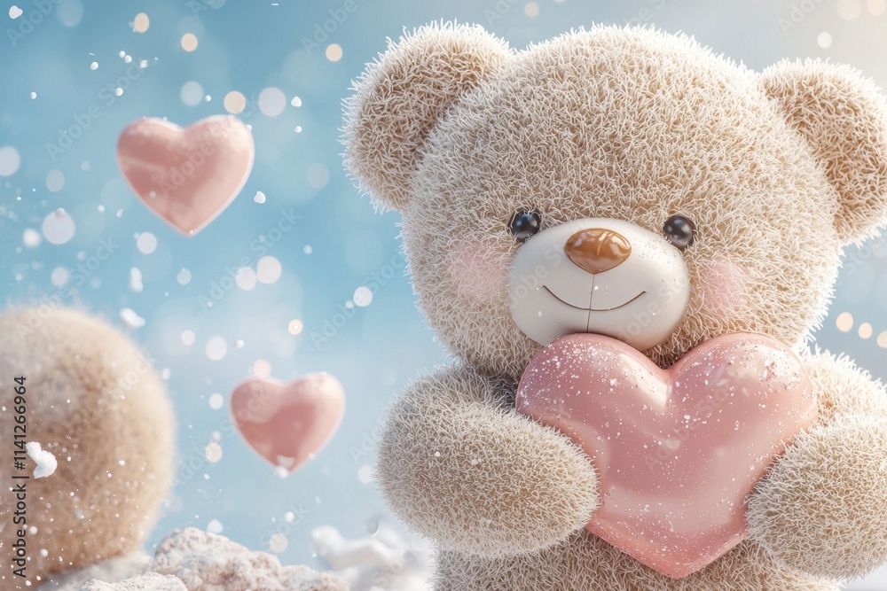 Obraz premium Teddy Bear Holding a Heart Concept. Cute teddy bear holds a heart surrounded by pink hearts and snowflakes