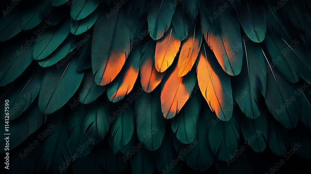 Obraz premium Elegant black and green feather texture with vibrant orange light highlight