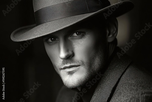 Classic Black and White Portrait of a Caucasian Man Wearing a Fedora in 1920s Vintage Style photo