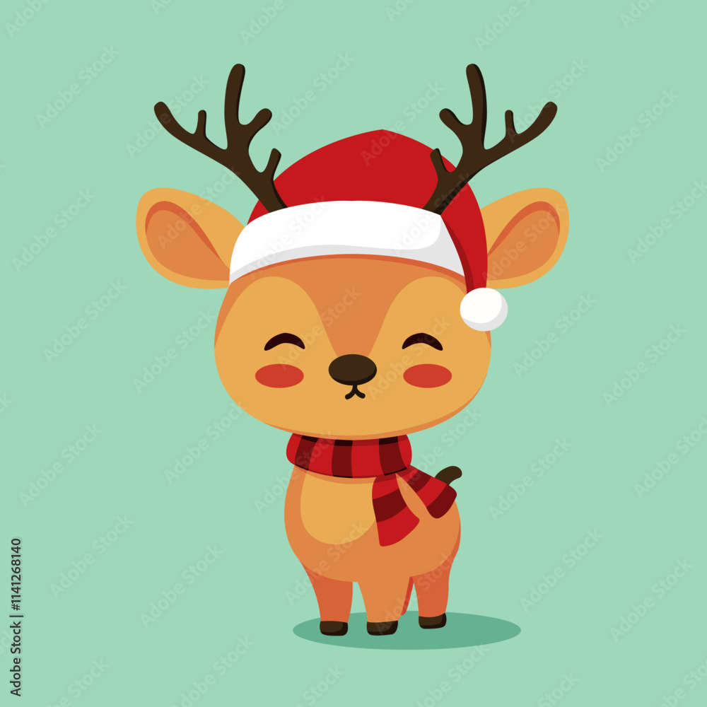 illustration of a cute christmas reindeer with a happy expression, and wearing a christmas scarf and hat. With an isolated blue background. Great for logos, t-shirt designs, greeting cards, etc