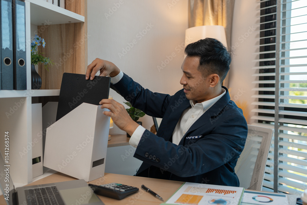 middle aged professional businessman wearing white shirt and suit happily smiling in office, a middle-aged, dark-haired businessman in a suit is happily working at his desk in the office middle aged professional businessman wearing white shirt and suit happily smiling in office, a middle-aged, dark-haired businessman in a suit is happily working at his desk in the office