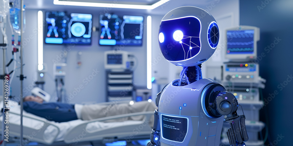 A futuristic hospital room where a medical robot attends to a patient, showcasing advanced technology in healthcare. A futuristic hospital room where a medical robot attends to a patient, showcasing advanced technology in healthcare.