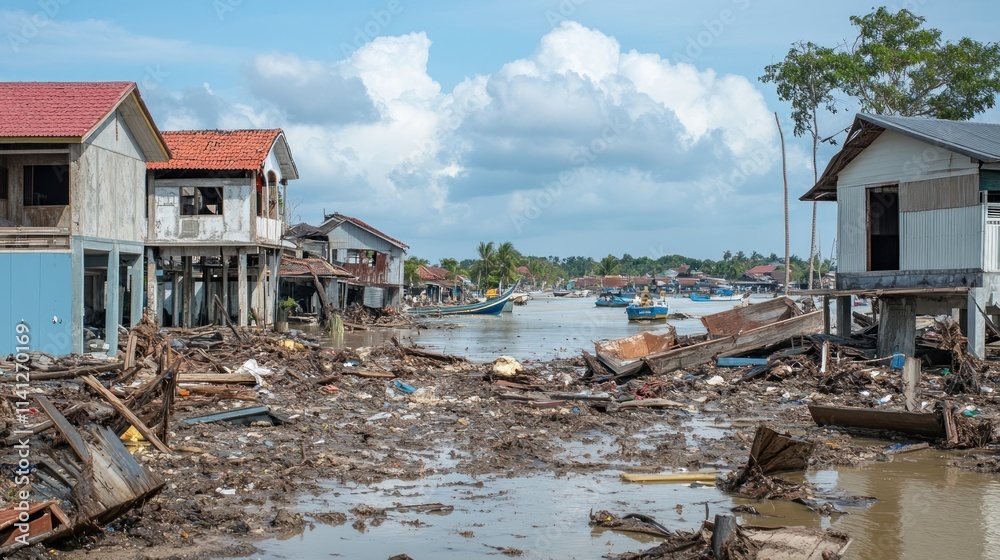 Coastal Village Devastated By Flood Debris And Damage Coastal Village Devastated By Flood Debris And Damage