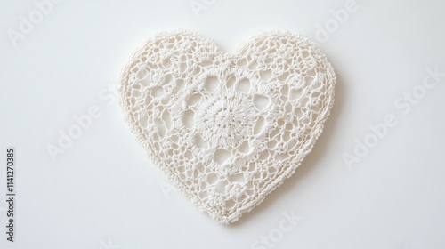 Delicate white lace heart on a white background.