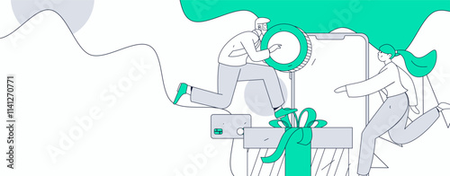 Holiday shopping people doing e-commerce online shopping flat vector concept operation hand drawn illustration
