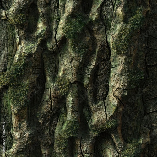 Abstract bark textures with mossy green highlights and deep brown shadows, . photo