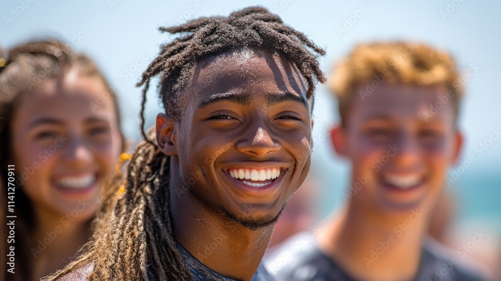 A group of young people smiling and enjoying a sunny day at the beach. A group of young people smiling and enjoying a sunny day at the beach.