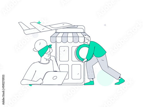 Holiday shopping people doing e-commerce online shopping flat vector concept operation hand drawn illustration
 photo