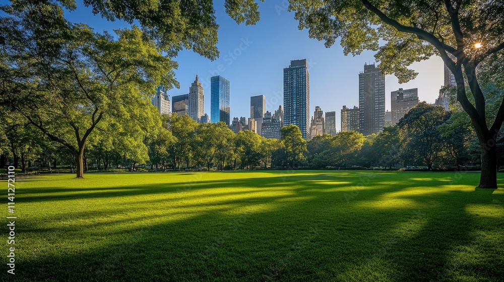 Peaceful Urban Park with Sunlit Trees Creating Light and Shadow on Vibrant Green Grass Peaceful Urban Park with Sunlit Trees Creating Light and Shadow on Vibrant Green Grass