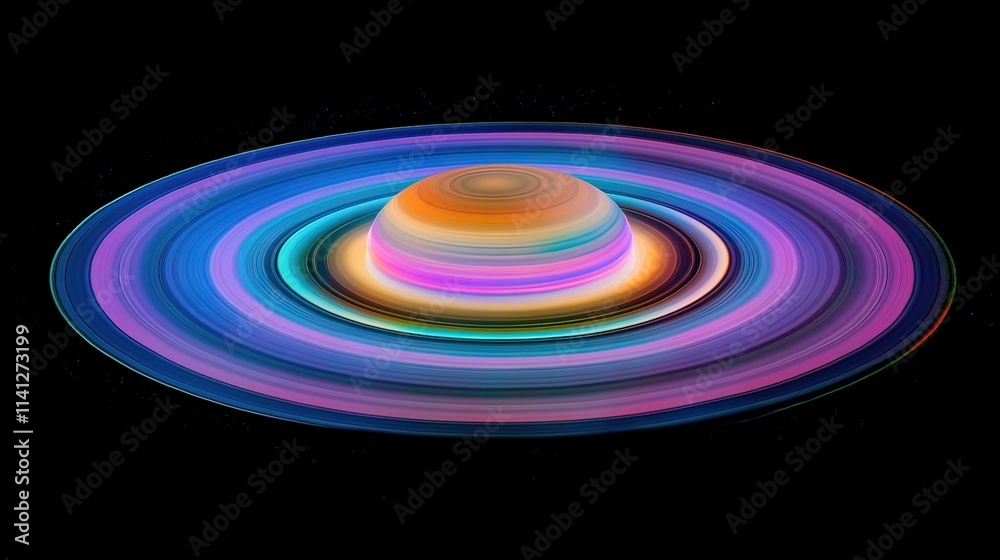 Colorful abstract planet with vibrant rings against a black background. Colorful abstract planet with vibrant rings against a black background.