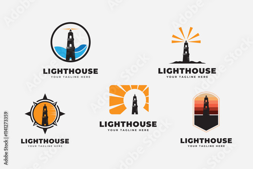 Lighthouse Logo Design Inspiration. Harbor Icon. Light Beacon Symbol. Maritime Tower emblem. Vector Illustration.