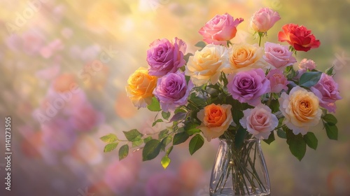 Wallpaper Mural Beautiful and Colorful Bouquet of Fresh Roses in a Glass Vase with Soft Light Background Perfect for Celebrations and Home Decor or Floral Arrangements Torontodigital.ca