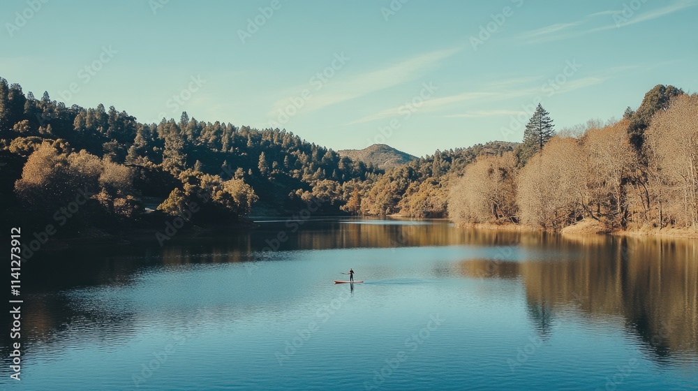 Naklejka premium Serene Kayak Adventure on a Calm Lake Surrounded by Lush Green Trees and Vibrant Autumn Foliage Under Clear Blue Sky in a Picturesque Natural Landscape