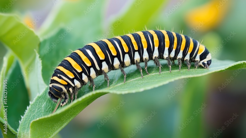 Close-Up of a Colorful Caterpillar on a Leaf, Showcasing Stunning Black and Yellow Stripes Against Lush Green Background, Nature's Intricate Design and Beauty Close-Up of a Colorful Caterpillar on a Leaf, Showcasing Stunning Black and Yellow Stripes Against Lush Green Background, Nature's Intricate Design and Beauty