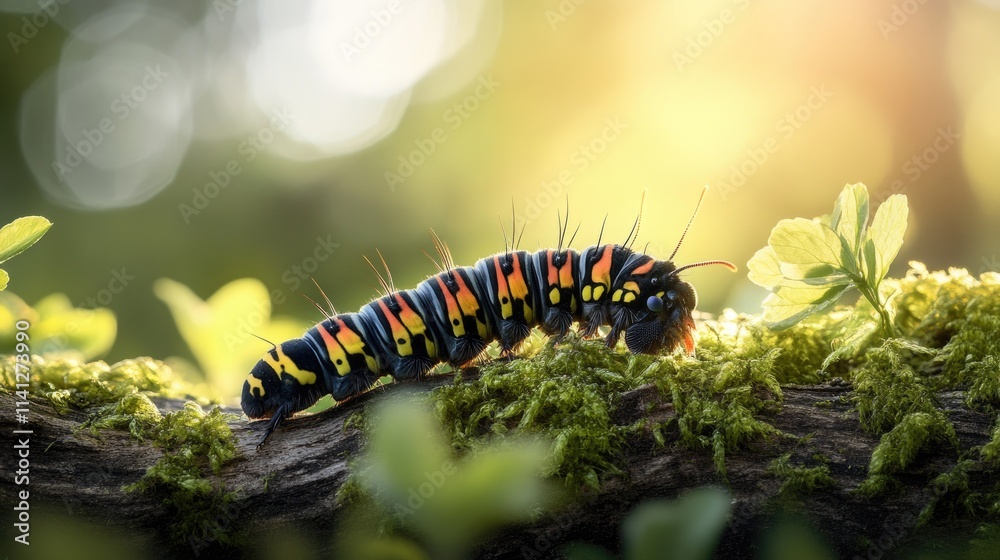 Colorful Caterpillar Crawling on Mossy Log Surrounded by Lush Greenery in Soft Morning Light with Bokeh Effect in Nature Background