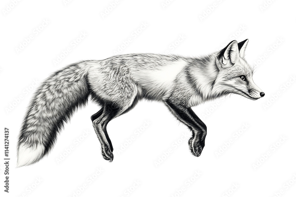 Dynamic Fox Leap in Detailed Black and White Dynamic Fox Leap in Detailed Black and White