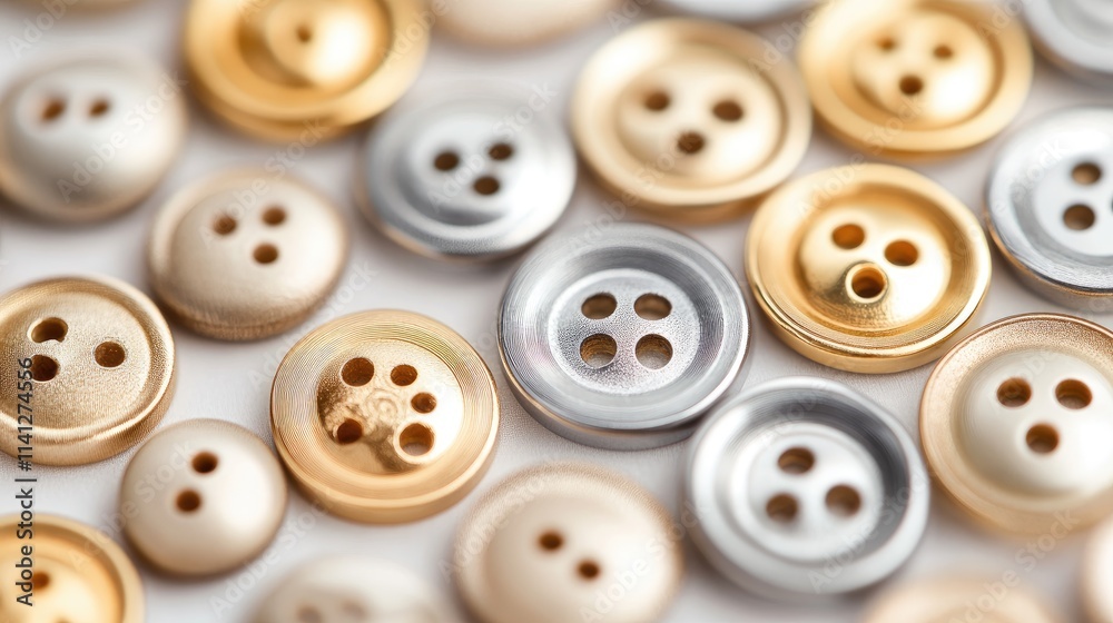 Close-Up of Assorted Buttons in Gold and Silver Tones with Intricate Designs and Multiple Holes, Perfect for Sewing and Crafting Projects Close-Up of Assorted Buttons in Gold and Silver Tones with Intricate Designs and Multiple Holes, Perfect for Sewing and Crafting Projects