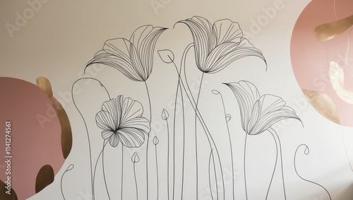 A minimalist line art wall mural featuring large, elegant white flowers with slender, curved stems and delicate, overlapping petals, varying in size and shape, against a soft, creamy beige background