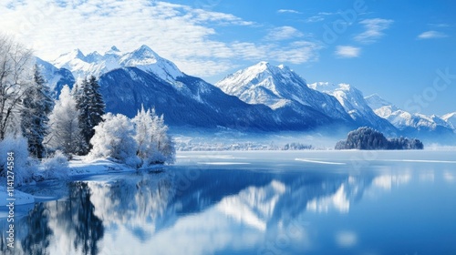 Winter Mountain Lake Scene Snow Covered Trees