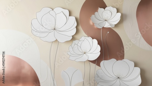 A minimalist line art wall mural featuring large, elegant white flowers with slender, curved stems and delicate, overlapping petals, varying in size and shape, against a soft, creamy beige background