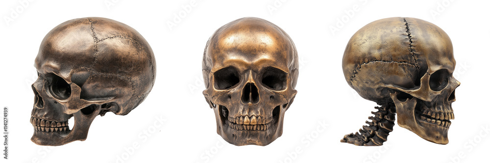 Obraz premium Realistic Bronze Skull Display from Multiple Angles