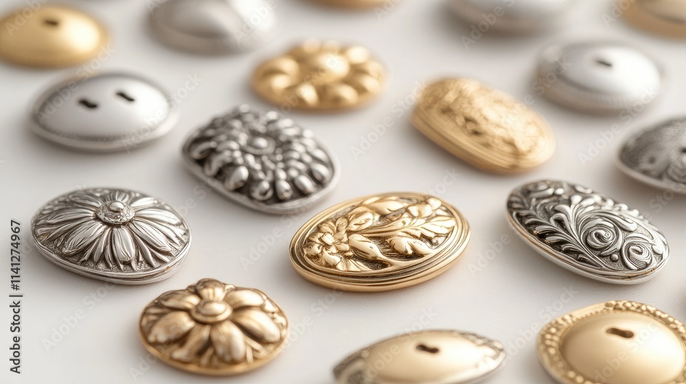Decorative and Artistic Buttons Collection in Various Designs and Textures Featuring Gold and Silver Tones for Crafting and Fashion Industries Decorative and Artistic Buttons Collection in Various Designs and Textures Featuring Gold and Silver Tones for Crafting and Fashion Industries