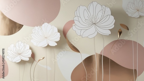 A minimalist line art wall mural featuring large, elegant white flowers with slender, curved stems and delicate, overlapping petals, varying in size and shape, against a soft, creamy beige background