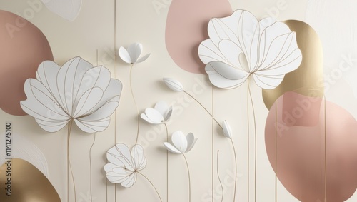 A minimalist line art wall mural featuring large, elegant white flowers with slender, curved stems and delicate, overlapping petals, varying in size and shape, against a soft, creamy beige background