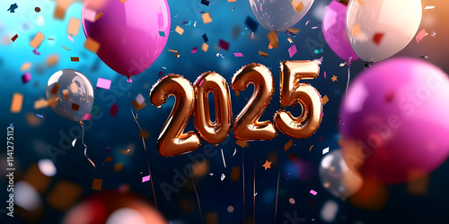 Happy New Year 2025! Celebrate the arrival of the new year with colorful balloons and confetti.