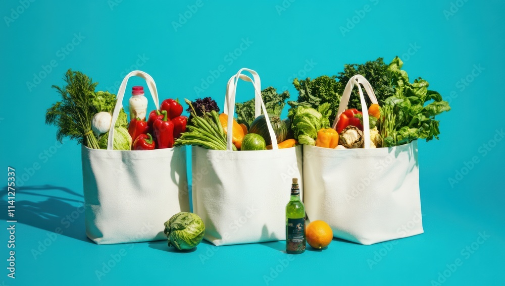 Three White Tote Bags Filled with Fresh Produce on a Blue Background Three White Tote Bags Filled with Fresh Produce on a Blue Background