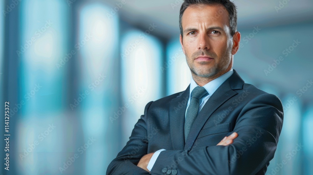 A confident businessman stands with arms crossed, dressed in a suit against a blurred background, exuding professionalism and determination. A confident businessman stands with arms crossed, dressed in a suit against a blurred background, exuding professionalism and determination.