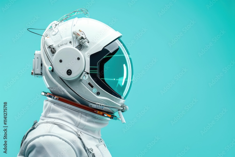 A modern astronaut helmet against a vibrant teal background, showcasing sleek design and futuristic technology.