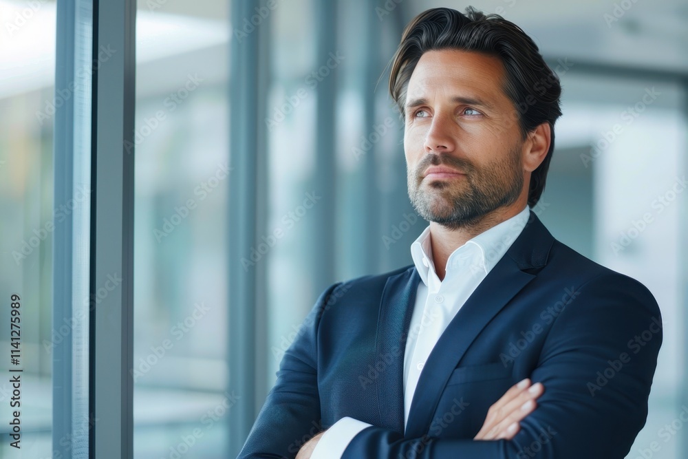 Fototapeta premium A thoughtful man in a suit gazes out of a modern office, exuding confidence and professionalism in a contemporary workspace.