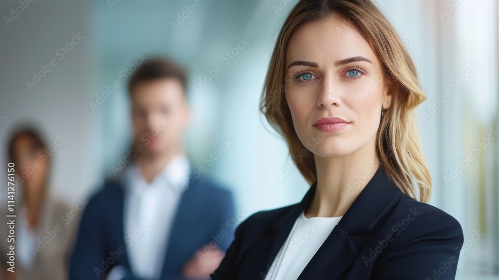 A confident businesswoman stands in focus, with two colleagues blurred in the background, embodying professionalism and leadership in a corporate setting. A confident businesswoman stands in focus, with two colleagues blurred in the background, embodying professionalism and leadership in a corporate setting.