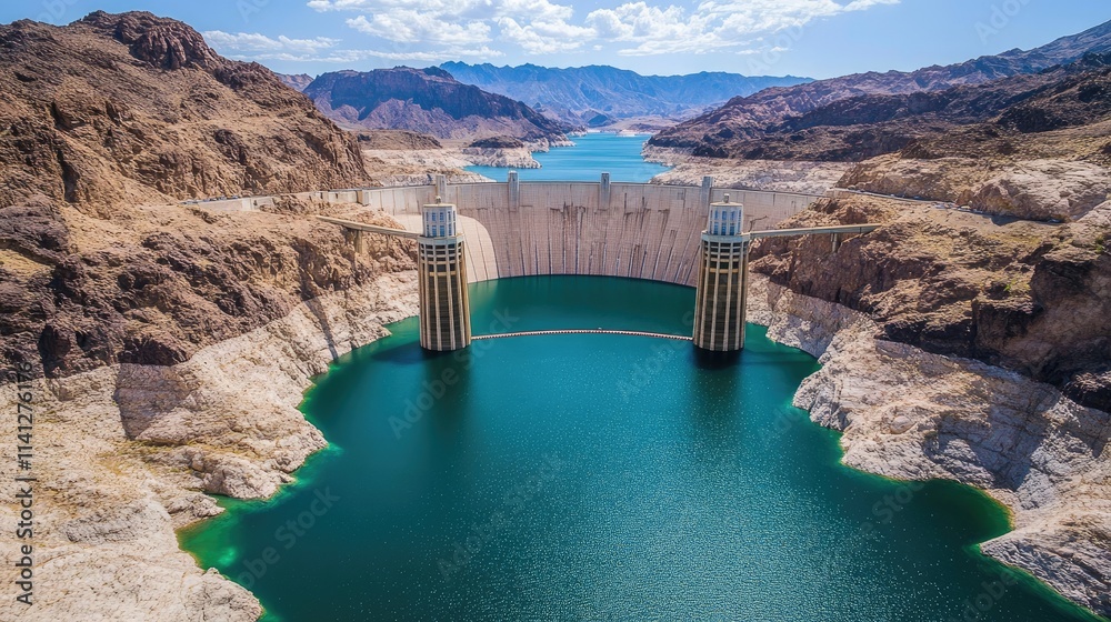 Stunning Aerial View of a Grand Reservoir Surrounded by Majestic Mountains and Clear Blue Skies Showcasing a Modern Dam Structure in a Desert Landscape Stunning Aerial View of a Grand Reservoir Surrounded by Majestic Mountains and Clear Blue Skies Showcasing a Modern Dam Structure in a Desert Landscape