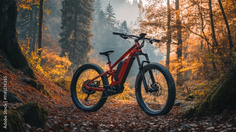 Red Electric Mountain Bike in Autumn Forest Red Electric Mountain Bike in Autumn Forest