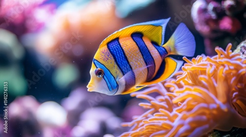 Vibrant yellow, blue, and orange fish swimming near orange coral reef. photo