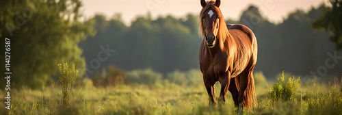 The Majestic Solitude of a Brown Horse Basking in the Golden Afternoon Sunlight Surrounded by Nature’s Serenity photo