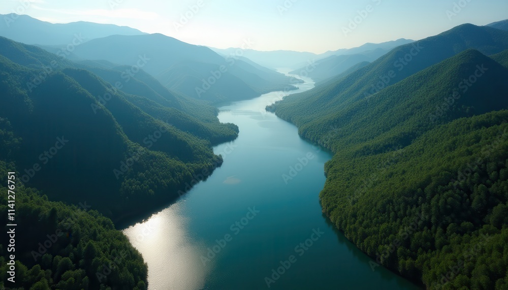 Serene River Through Lush Green Mountains Aerial View Serene River Through Lush Green Mountains Aerial View