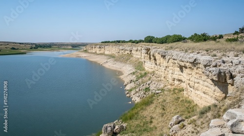 Serene Riverbank Landscape with Rocky Cliffs and Green Vegetation against a Clear Blue Sky Ideal for Nature and Travel Photography