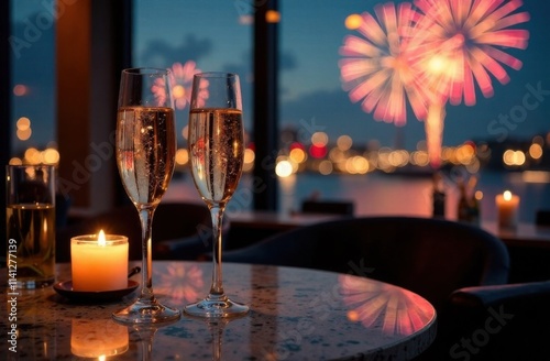 A pair of crystal champagne glasses in a restaurant with fireworks in the background