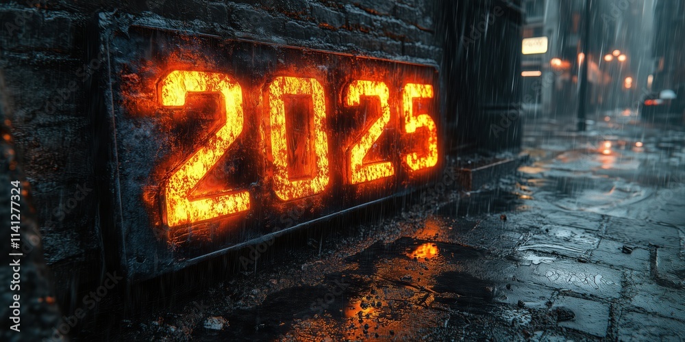 Neon 2025 Sign in Rainy Urban Alleyway Glowing Brightly Reflecting on Wet Pavement Futuristic Ambience for New Year Celebration and Urban Design Mood in Dark Tones with Vibrant Orange Neon 2025 Sign in Rainy Urban Alleyway Glowing Brightly Reflecting on Wet Pavement Futuristic Ambience for New Year Celebration and Urban Design Mood in Dark Tones with Vibrant Orange