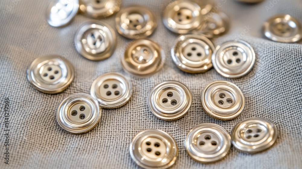 Collection of Shiny Silver Sewing Buttons Grouped on a Soft Fabric Background Ideal for Tailoring and Fashion Design Projects Collection of Shiny Silver Sewing Buttons Grouped on a Soft Fabric Background Ideal for Tailoring and Fashion Design Projects